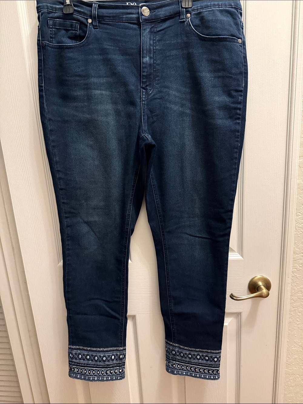 DG2 by Diane Gilman Dark Blue Straight Leg Jeans with Embroidered Cuffs